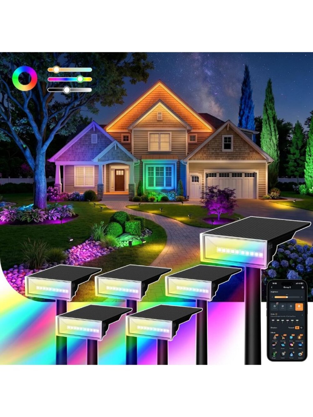 RGB Color Changing Solar Spotlights - Smart Outdoor Landscape Lighting, 6 Pack